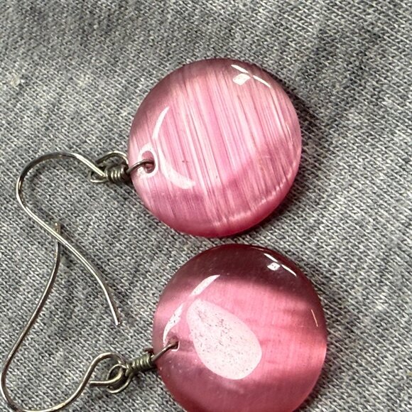 Pink Cats Eye Drop Earrings With Silver Tone Hooks Pierced Women Jewelry - Picture 8 of 14